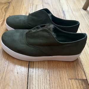 Catherine Malandrino sneakers with faux fur tongue. Size 8. Olive green suede